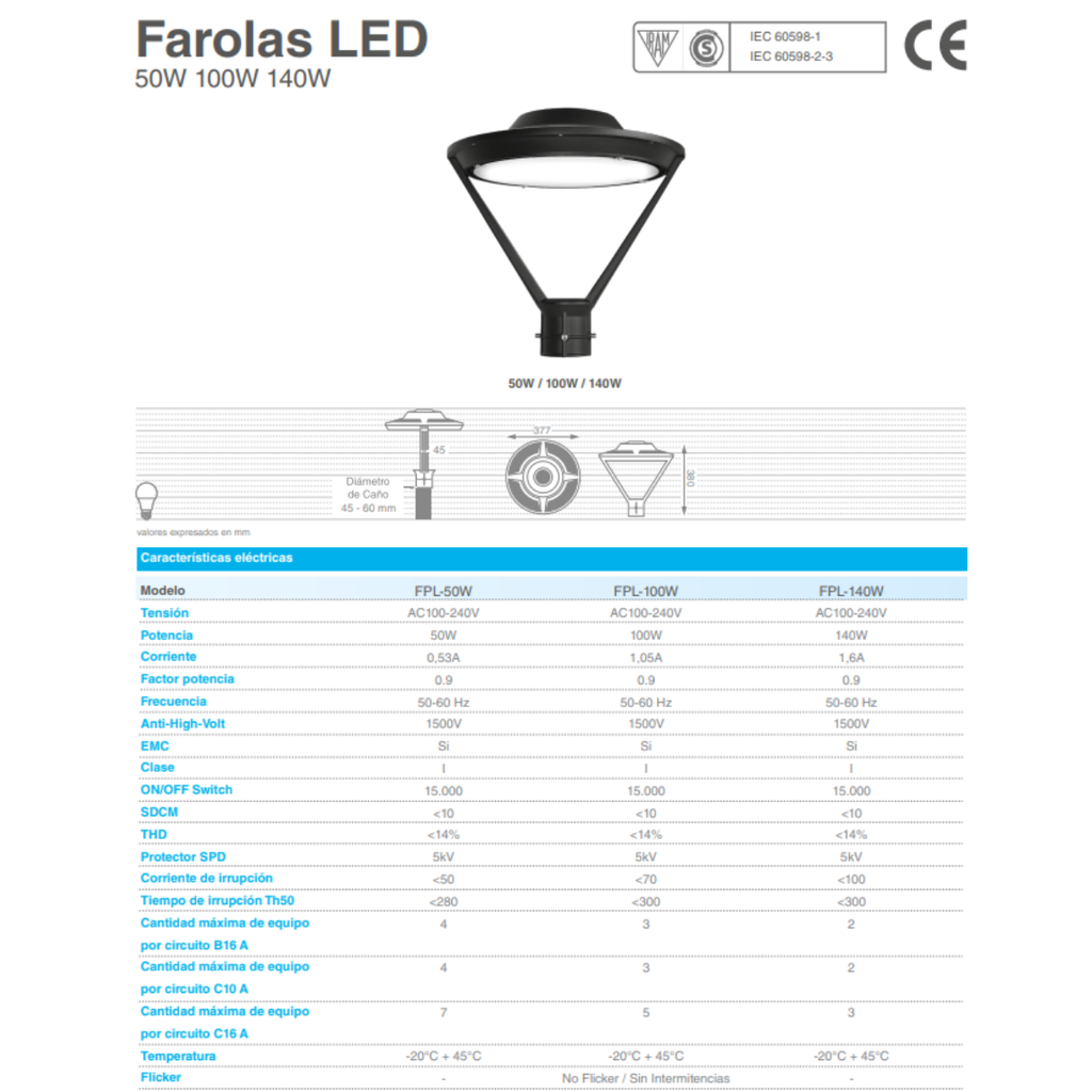LUMINARIA PUBLICA IP65 TIPO FAROLA 50W BLANCO CALIDO 3000K  FP0.95 CRI80 AC100-240V 120L/M 120º
