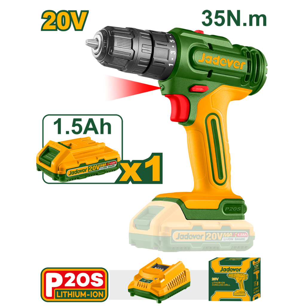 Taladro inalámbrico 1500 rpm/2250 bpm con batería Li-Ion 1.5Ah - Voltaje: 20V - Par máx: 35 Nm - Capacidad del portabrocas: 0,8-10 mm - Ajustes de par: 15+1 - 2 vel - Incluye cargador
