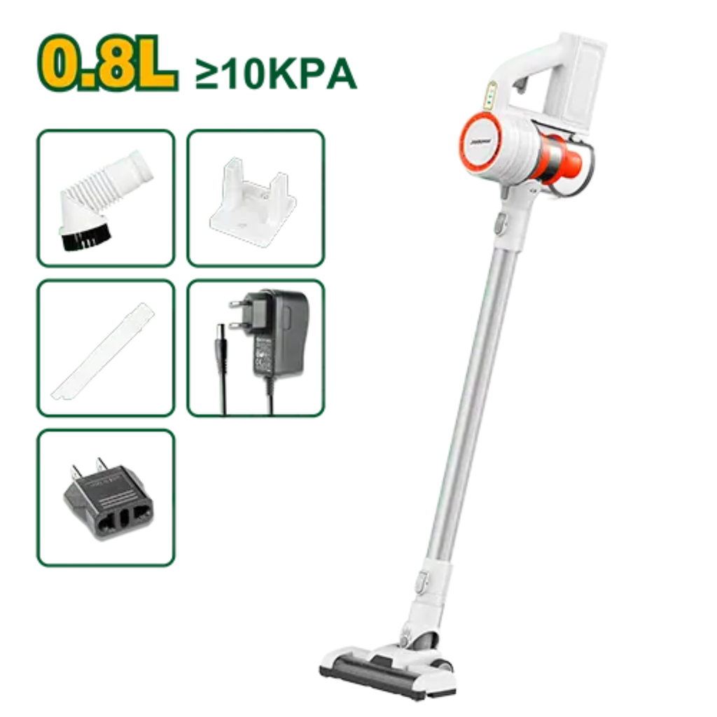 Aspirador inalámbrico 140W - Presión de vacío: >10kPa - Capacidad: 0,8L - Batería: 22,2V - Tiempo de carga: 4,5H - Voltaje: 100-240V 50/60Hz - >40min (vel baja) - >20min (vel alta) - Filtro HEPA