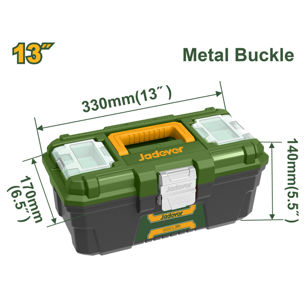 CAJA DE HERRAMIENTAS DE PLÁSTICO 13'' - 330X170X140MM, MATERIAL PP, HEBILLA DE METAL, CARGA MAX. 7KG, TAPA SUPERIOR CON 3 ZONAS DE ALMACENAMIENTO Y FUNCION DE BASCULA, CON BANDEJA DE PLASTICO