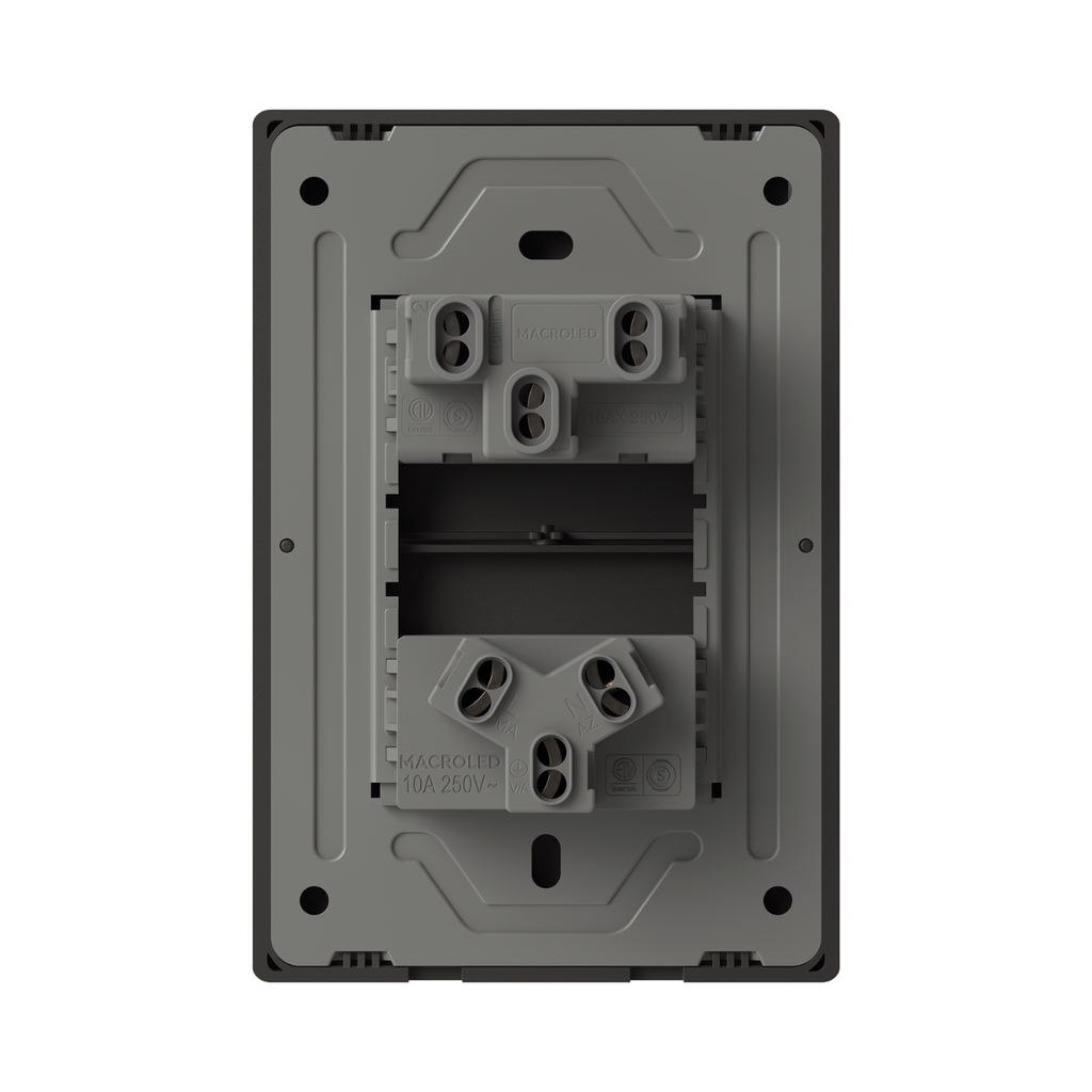 TECLA Y TOMACORRIENTE MILAN NEGRO MACROLED, 1 CANAL, AC 250V, 10A MAX. BASTIDOR METALICO