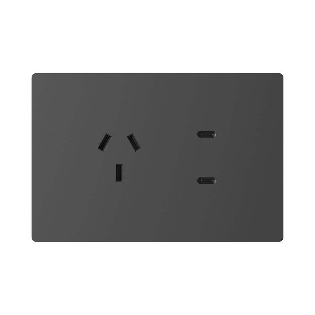TOMACORRIENTE Y USB-C MILAN GRIS MACROLED, AC 250V, 10A MAX. 2 USB-C DE 20W, BASTIDOR METALICO