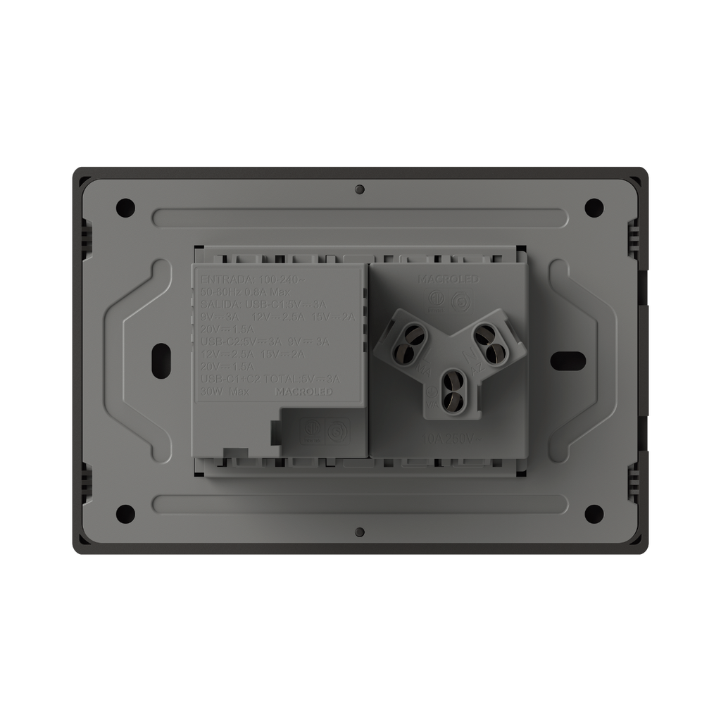TOMACORRIENTE Y USB-C MILAN NEGRO MACROLED, AC 250V, 10A MAX. 2 USB-C DE 20W, BASTIDOR METALICO