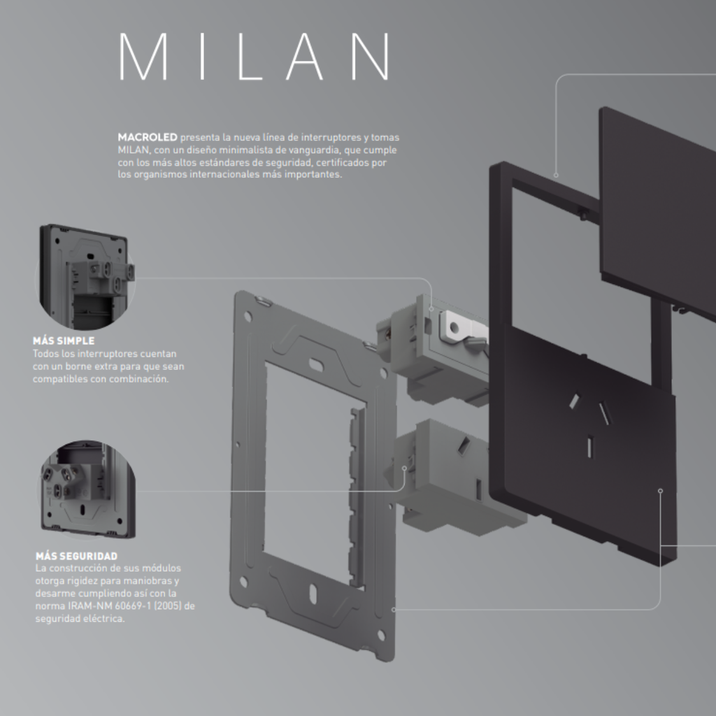 TECLA Y DIMMER PARA VENTILADOR MILAN GRIS MACROLED, 1 CANAL, AC 250V, 10A MAX. 1 DIMMER, BASTIDOR METALICO