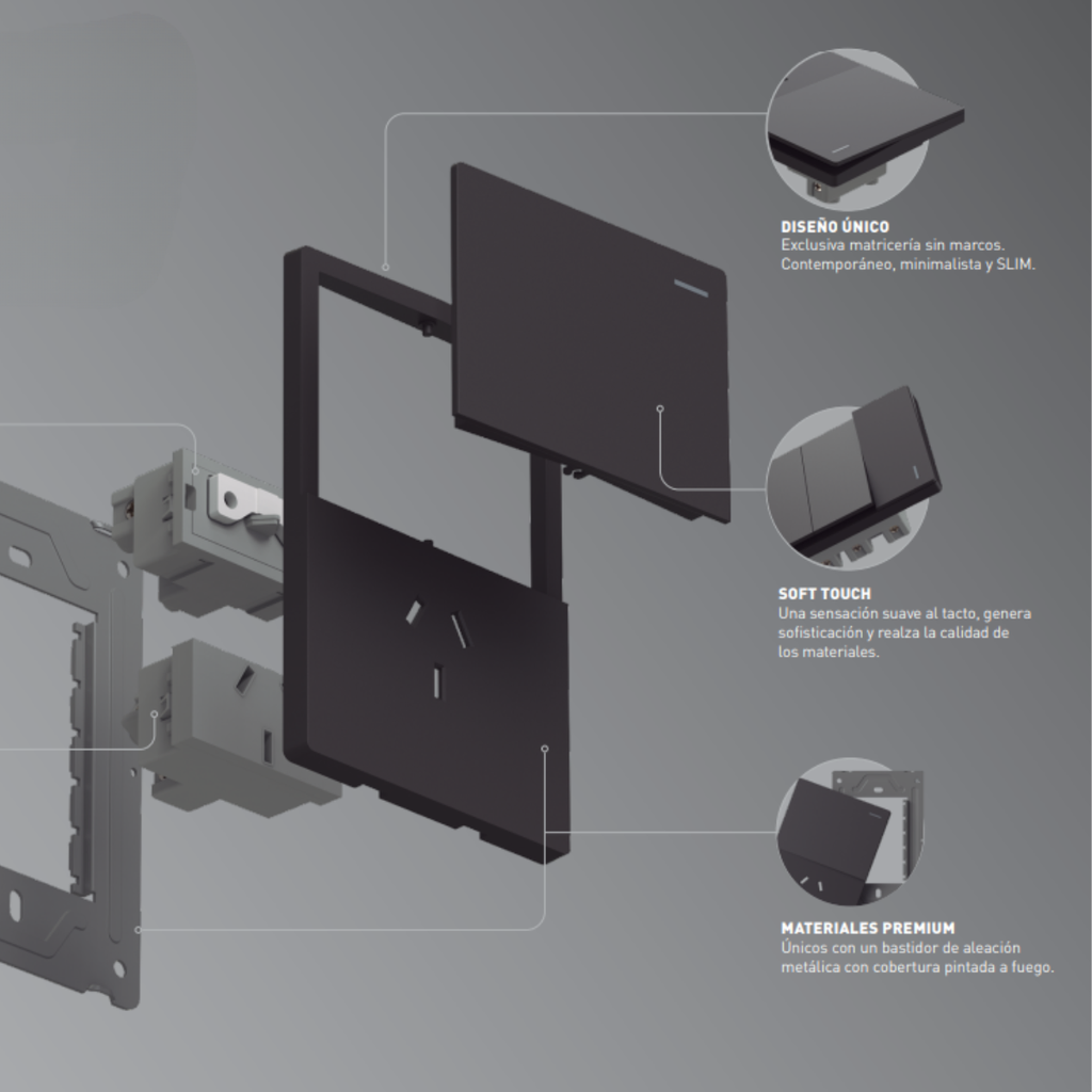 TECLA Y DIMMER LED MILAN GRIS MACROLED, 1 CANAL, AC 250V, 10A MAX. 1 DIMMER, BASTIDOR METALICO