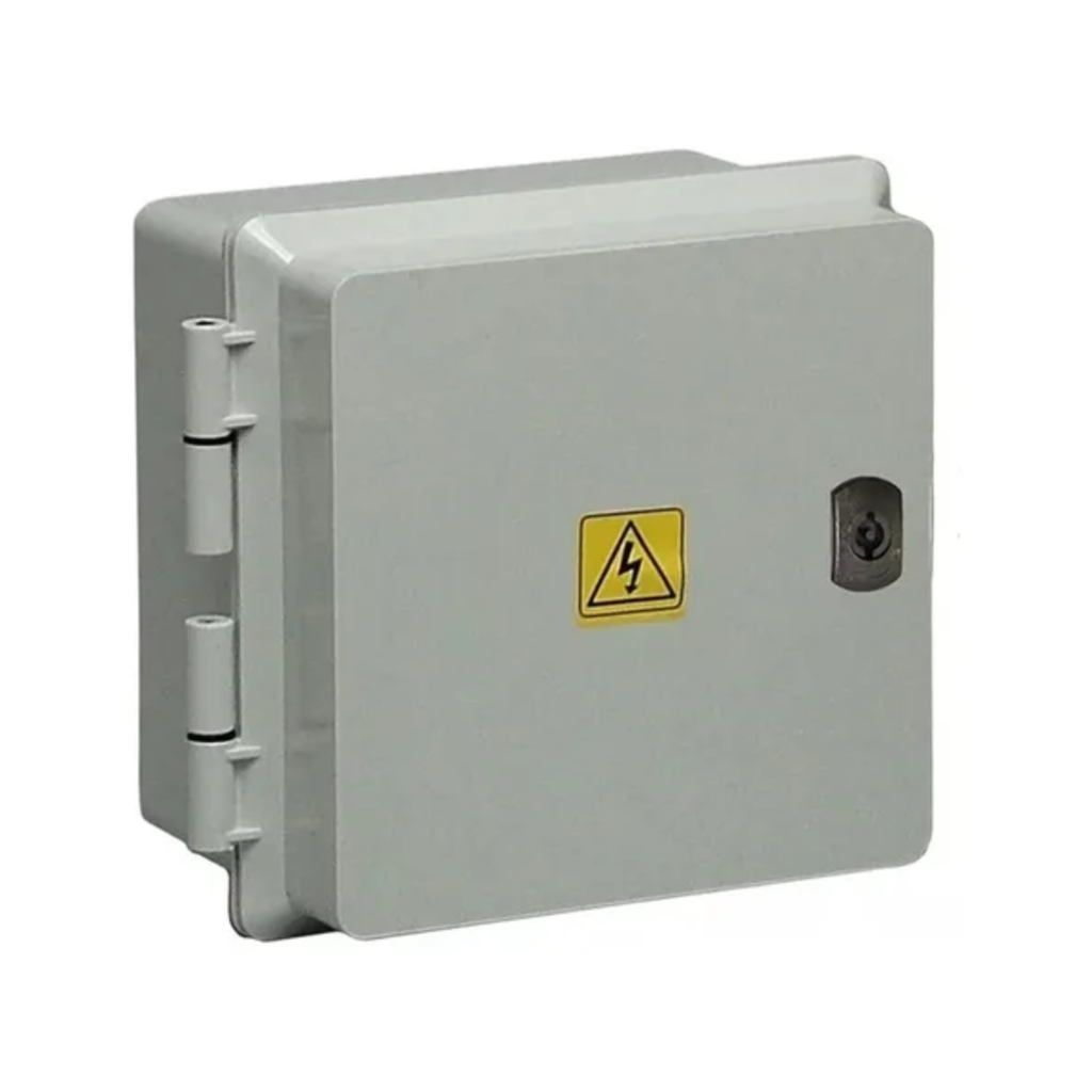 Gabinetes Plasticos de Exterior con cerradura, puerta gris y chapa en el fondo de Superficie interior:200 x 200 x 120 mm Exterior:230 x 245 x 145 mm