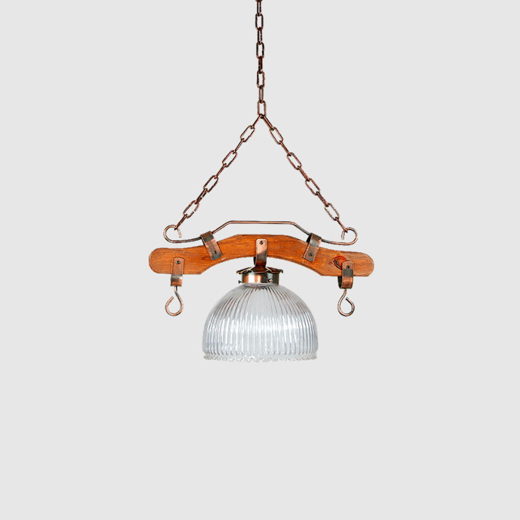 Dis-Colgante de 1 luz madera c/tulipa Ø 25 cm. transp COBREADO