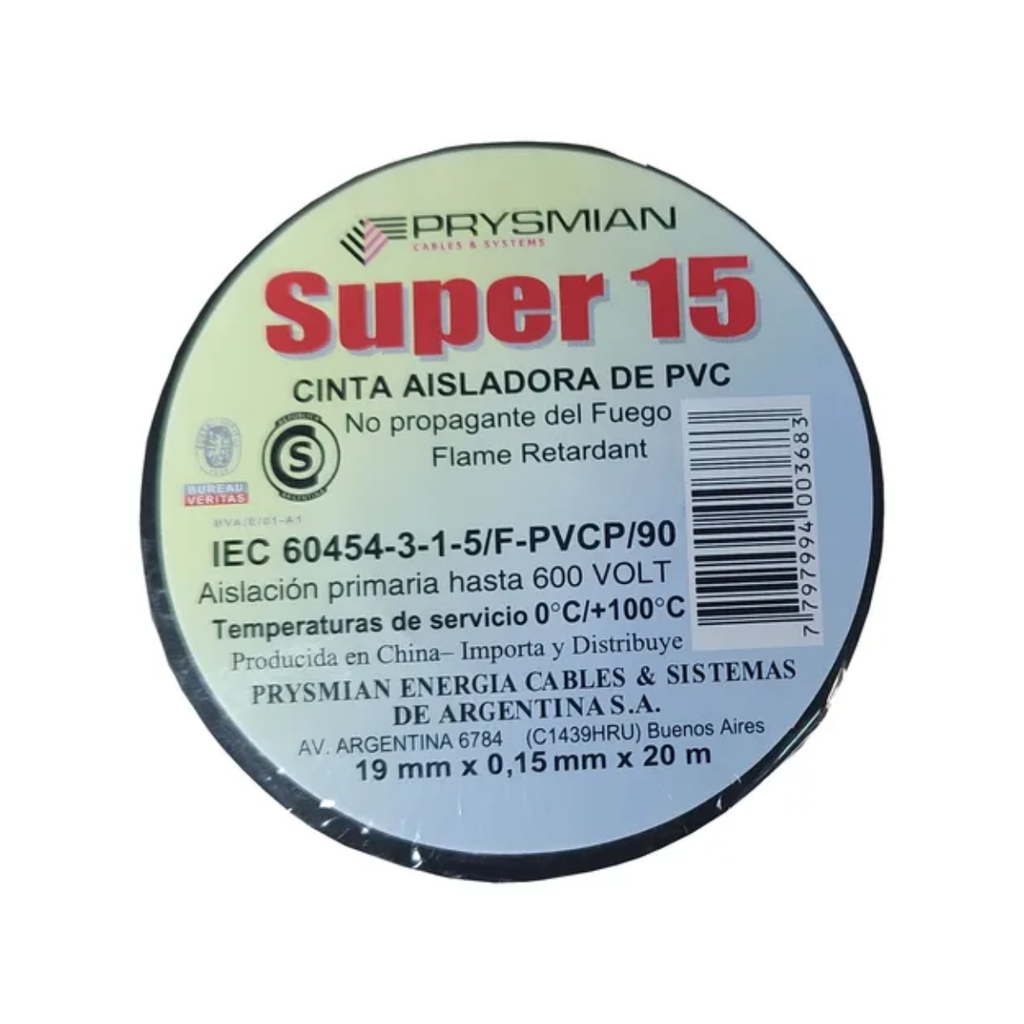 Cinta Aisladora Prysmian PVC Super 15 0,15 mm x 0,19mm x 20 metros Negro
