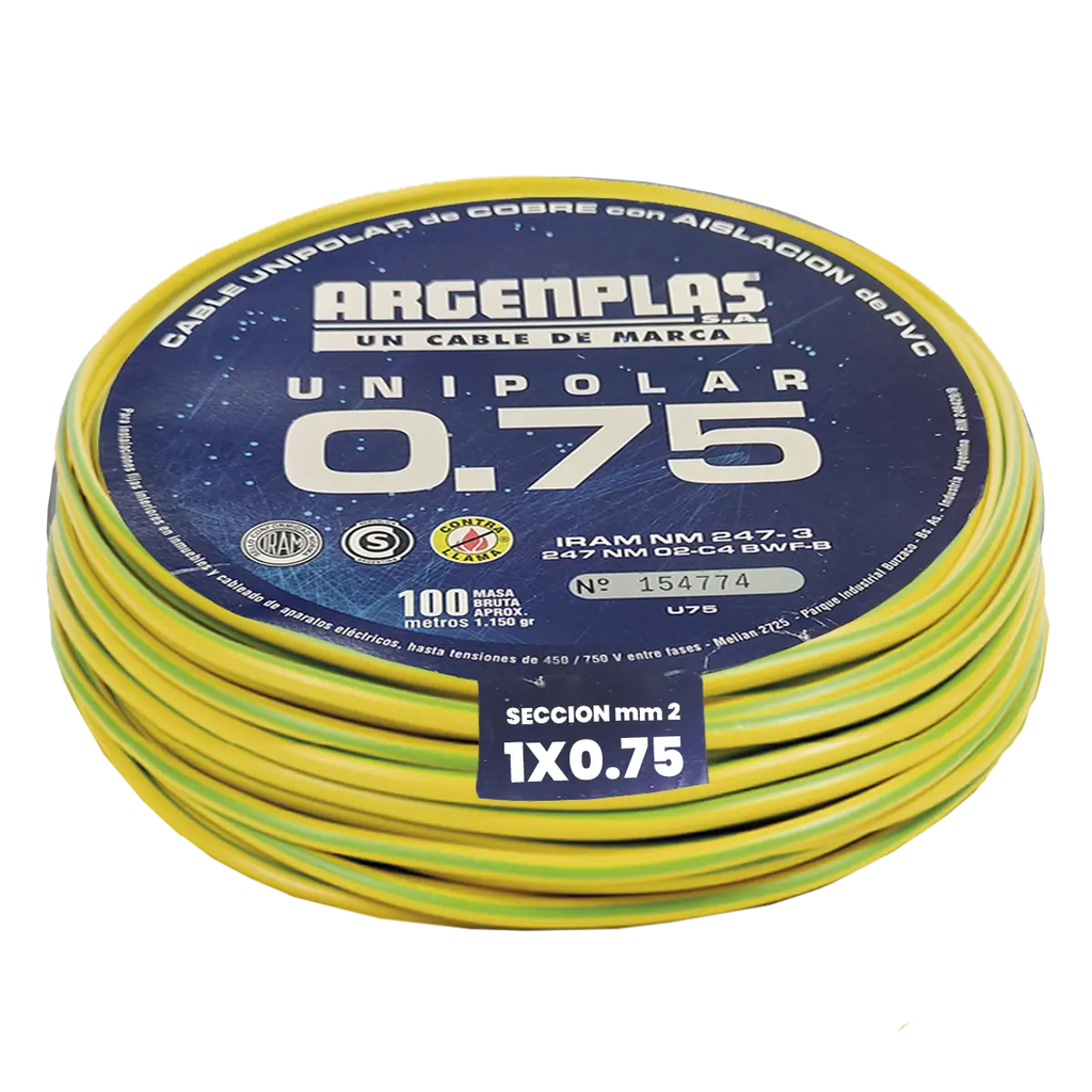 Cable Unipolar Flexible 0.75 mm Argenplas Verde Amarillo