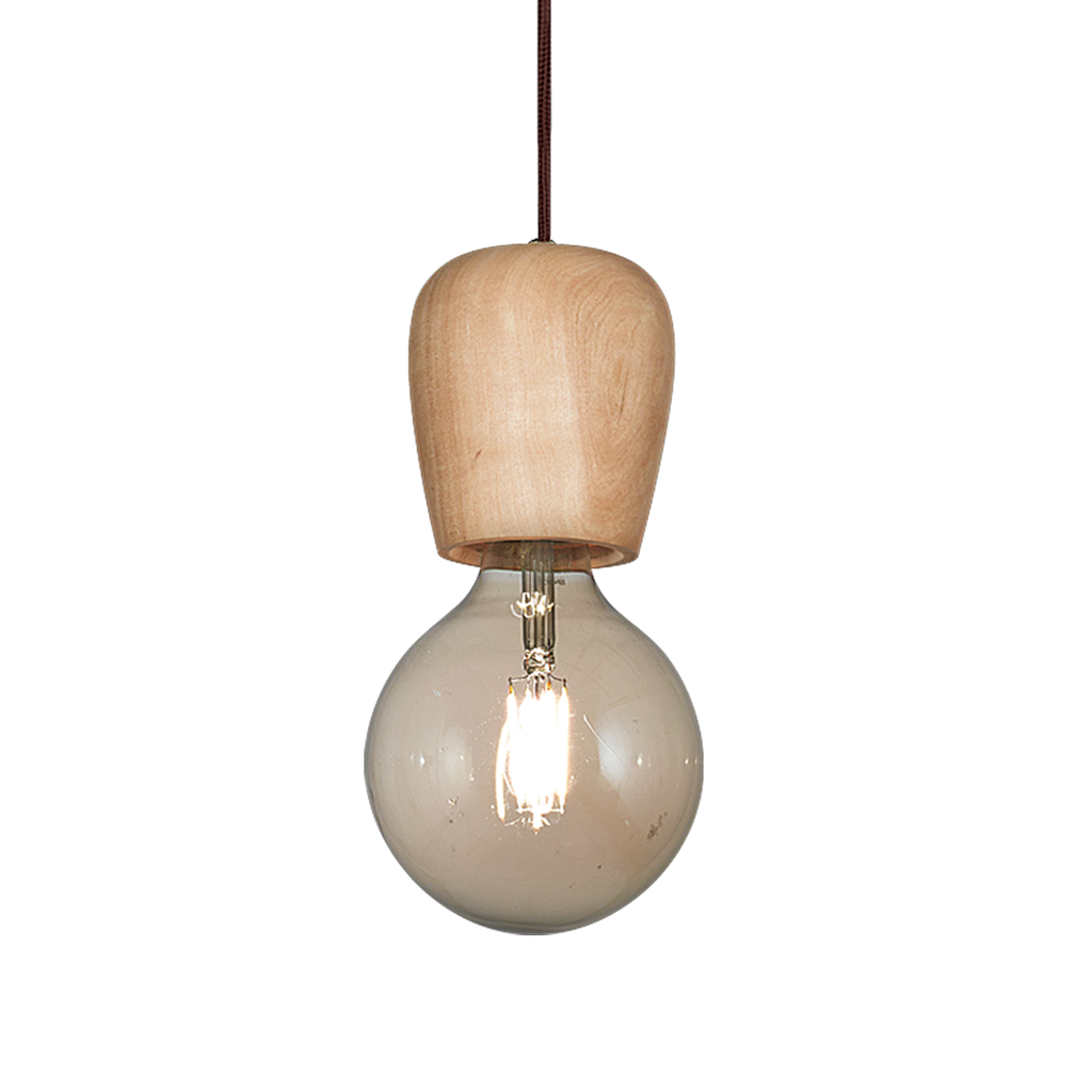 COLGANTE DE UNA LUZ EN MADERA DE LENGA DE 10 CM DE DIAMETRO POR 11CM DE ALTO CON CABLE TEXTIL COLOR CHOCOLATE E27