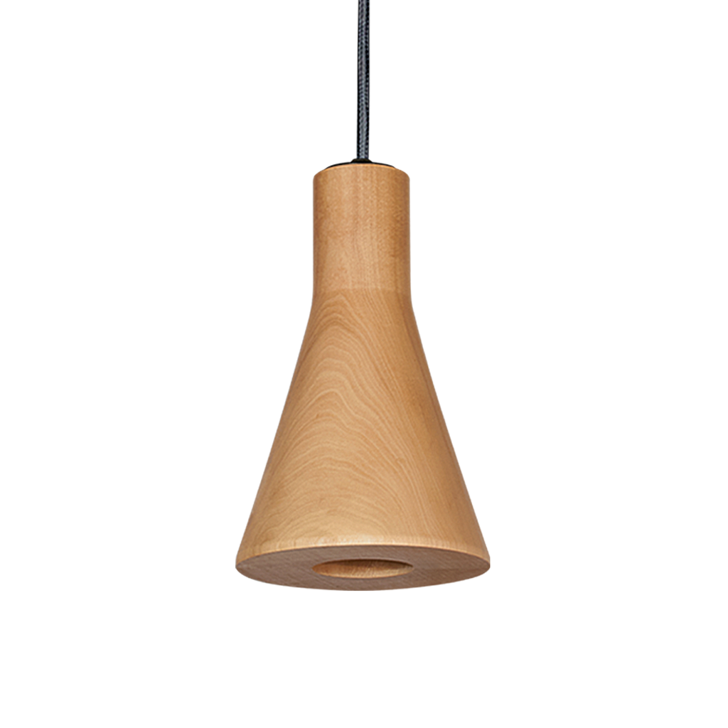 COLGANTE EN MADERA MACIZA DE LENGA PARA GU10 CON CABLE TEXTIL NEGRO MIDE 12,5 CM DE DIAMETRO Y 20 CM DE ALTURA