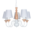 Araña 5L caño blanco con madera y pantalla de tela