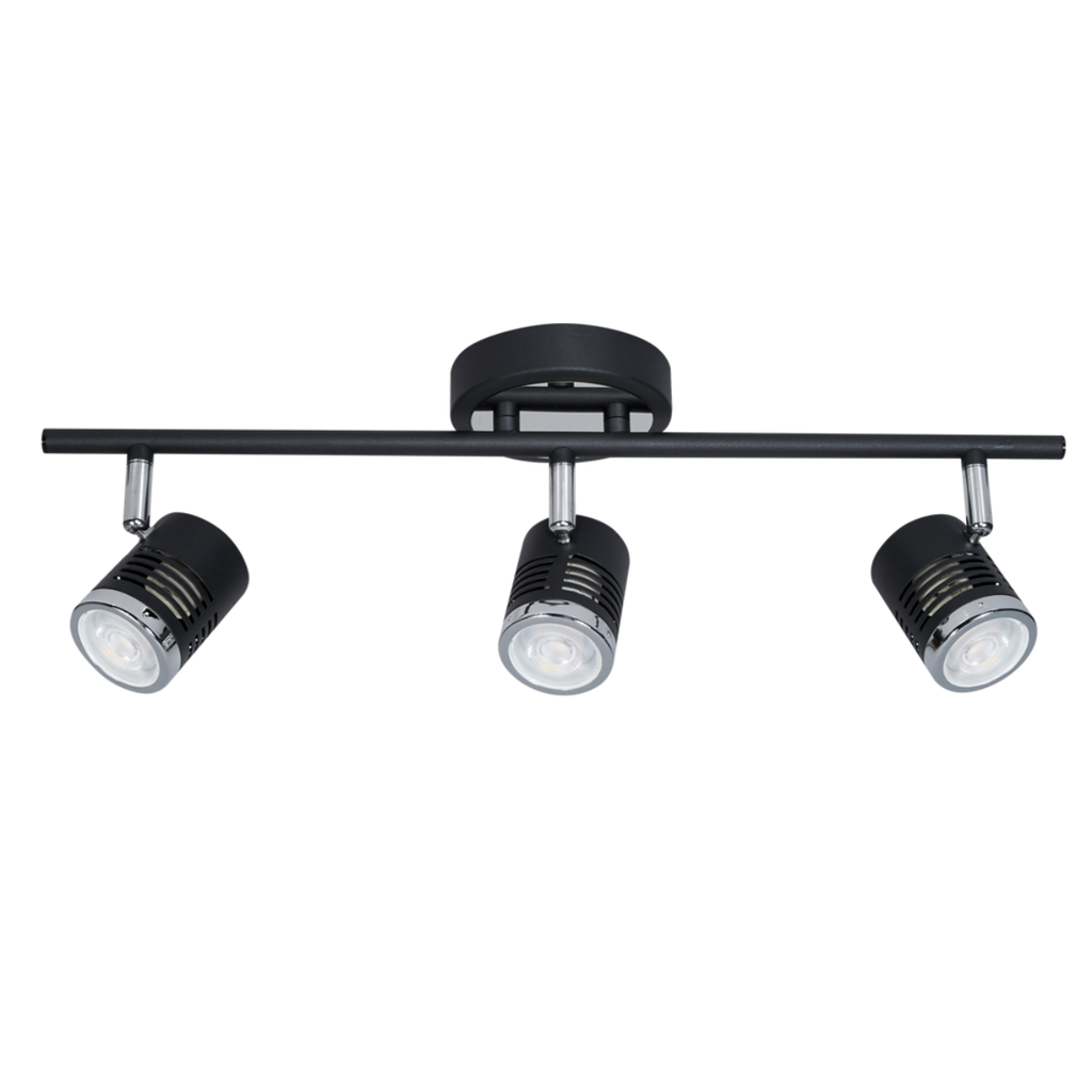 Spot de chapa de 3 luces negro con detalle cromo