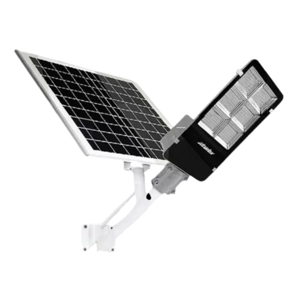 Luz  Solar Street inalámbrica  160WLED - Recargable - Batería de litio incorporada Apto intemperie IP65 - Control Remoto incluido - Modo automático encendido noche apagado de día - Temporizador enc. 3 / 5 / 8Hs. Seleccionable - Apagado manual -  KIT DE INSTALACION (BARRAL) Y MONTAJE SIN CARGO