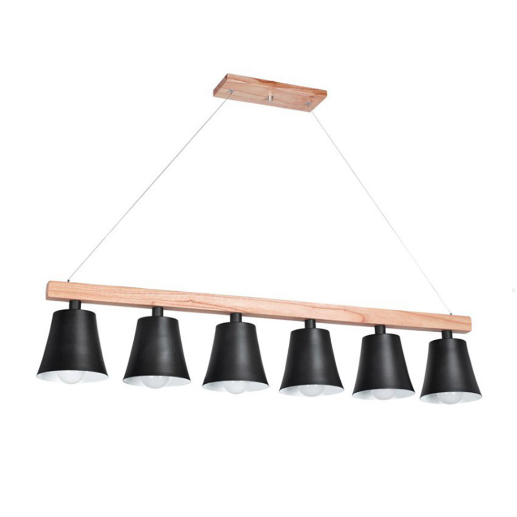 COLGANTE EN MADERA PARAÍSO Y CAMPANA DE METAL EN NEGRO E27 DIAMETRO DE LA CAMPANA 14 CM ALTO TOTAL 1MT REGULABLE CON TANZA LARGO DE LA MADERA 1 METRO