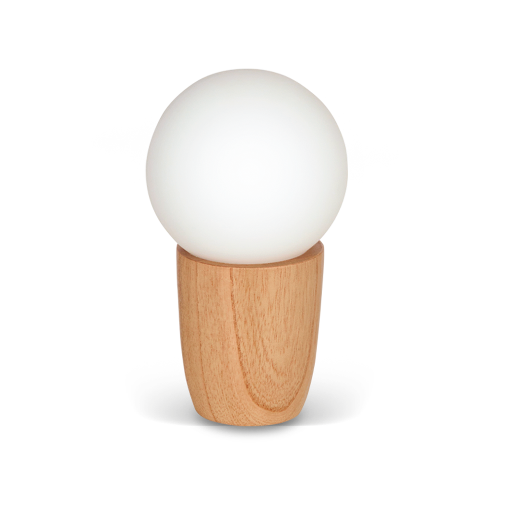 VELADOR CILINDRICO EN MADERA DE PARAÍSO, ALTURA 18 CM, DIAMETRO 10 CM Y GLOBO DE VIDRIO OPAL SATINADO DE 6X10 CM