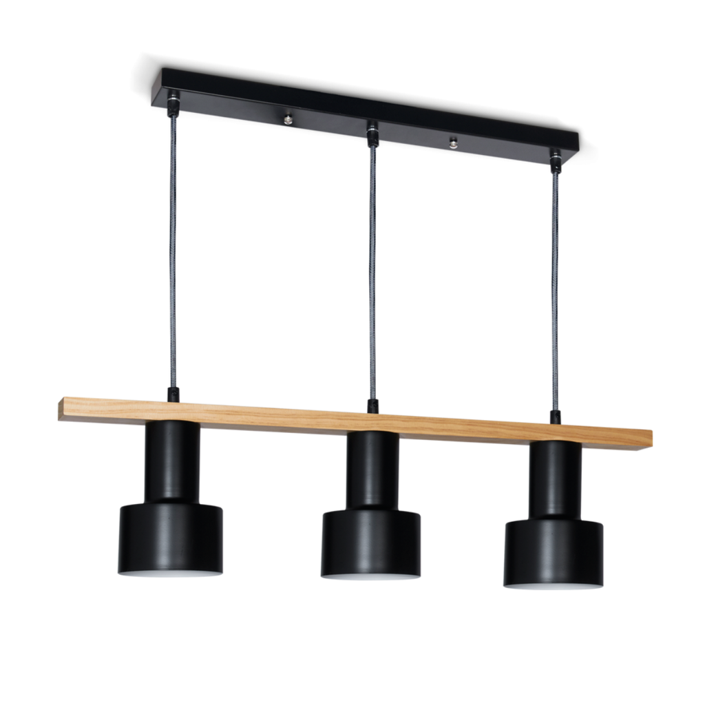 Colgante 3L de chapa Negro con madera para E27