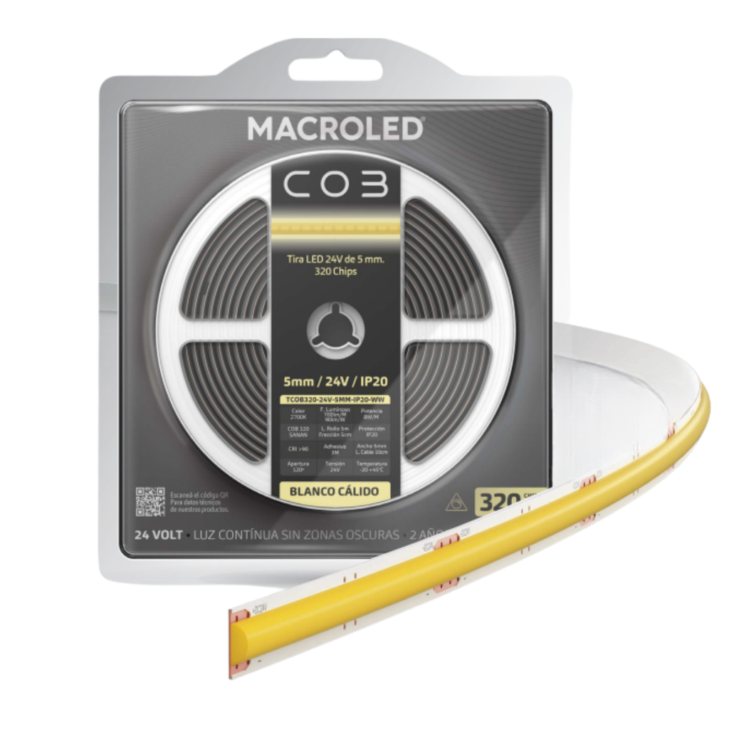 TIRA COB 320 LED X METRO MACROLED AMBAR, 2200K, DC24V, 8MM, IP20, 10W, CRI90, 90LM/W