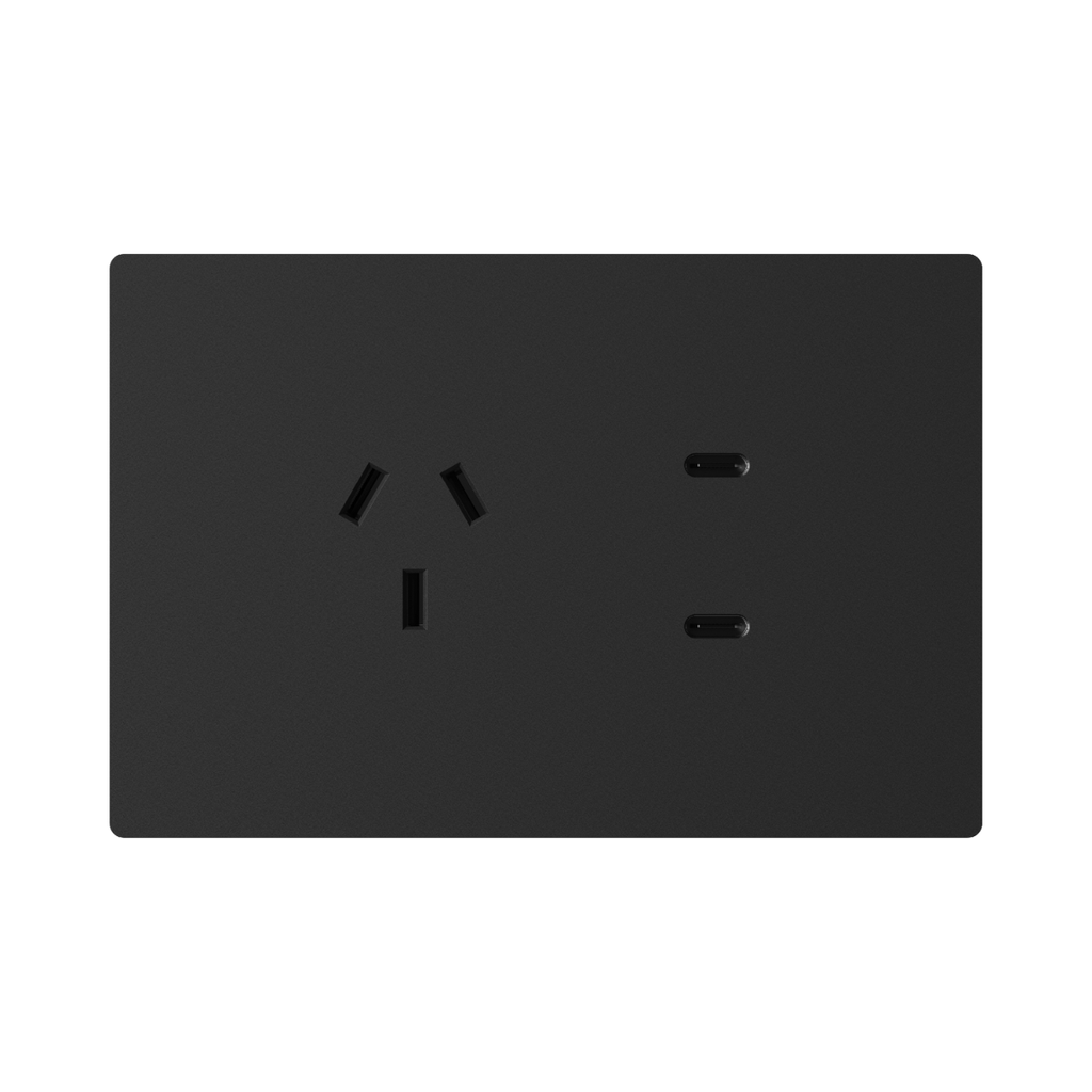 TOMACORRIENTE Y USB-C MILAN NEGRO MACROLED, AC 250V, 10A MAX. 2 USB-C DE 20W, BASTIDOR METALICO