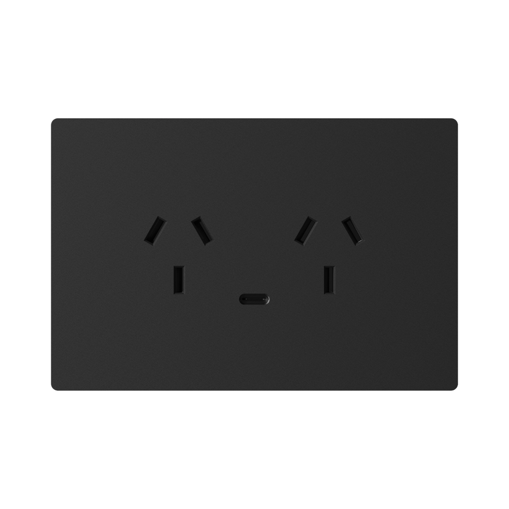 TOMACORRIENTE DOBLE Y USB-C MILAN NEGRO MACROLED, AC 250V, 10A MAX. 1 USB-C DE 20W, BASTIDOR METALICO
