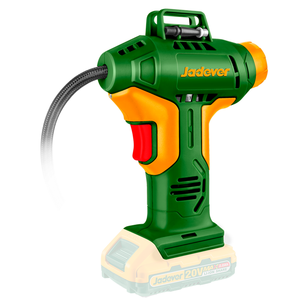 COMPRESOR DE AIRE PARA AUTOMÓVIL INALÁMBRICO - VOLTAJE: 20V - PRESIÓN MÁXIMA: 150 PSI / 10,5 BAR - CON ADAPTADORES DE 3 PIEZAS - NO INCLUYE BATERÍA NI CARGADOR