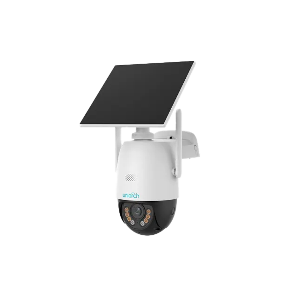 CAMARA IP UNIARCH CONEXION 4G/LTE CON PANEL SOLAR Y BATERIA, INTERIOR/EXTERIOR, PARA HOGAR RESOLUCION 3MP LENTE FIJA DE 4 MM, MICROFONO Y ALTAVOZ, DETECCION DE CUERPO HUMANO, IP66, IR30 M, RJ45, 512GB