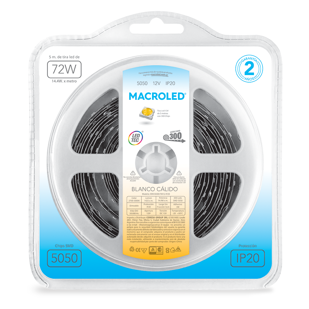 Tira 5050 IP20 DC12V 14,4W 5MTS Macroled calido