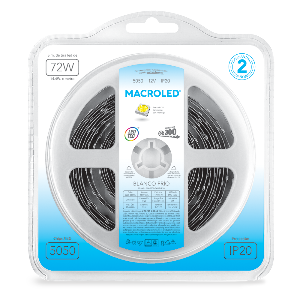 Tira 5050 IP20 DC12V 14,4W 5MTS Macroled frio
