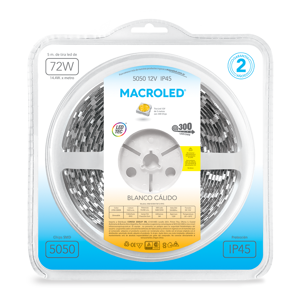 TIRA 5050 MACROLED BCO CALIDO IP45 - DC12V - 14,4W - 60 LED X 5 MTS