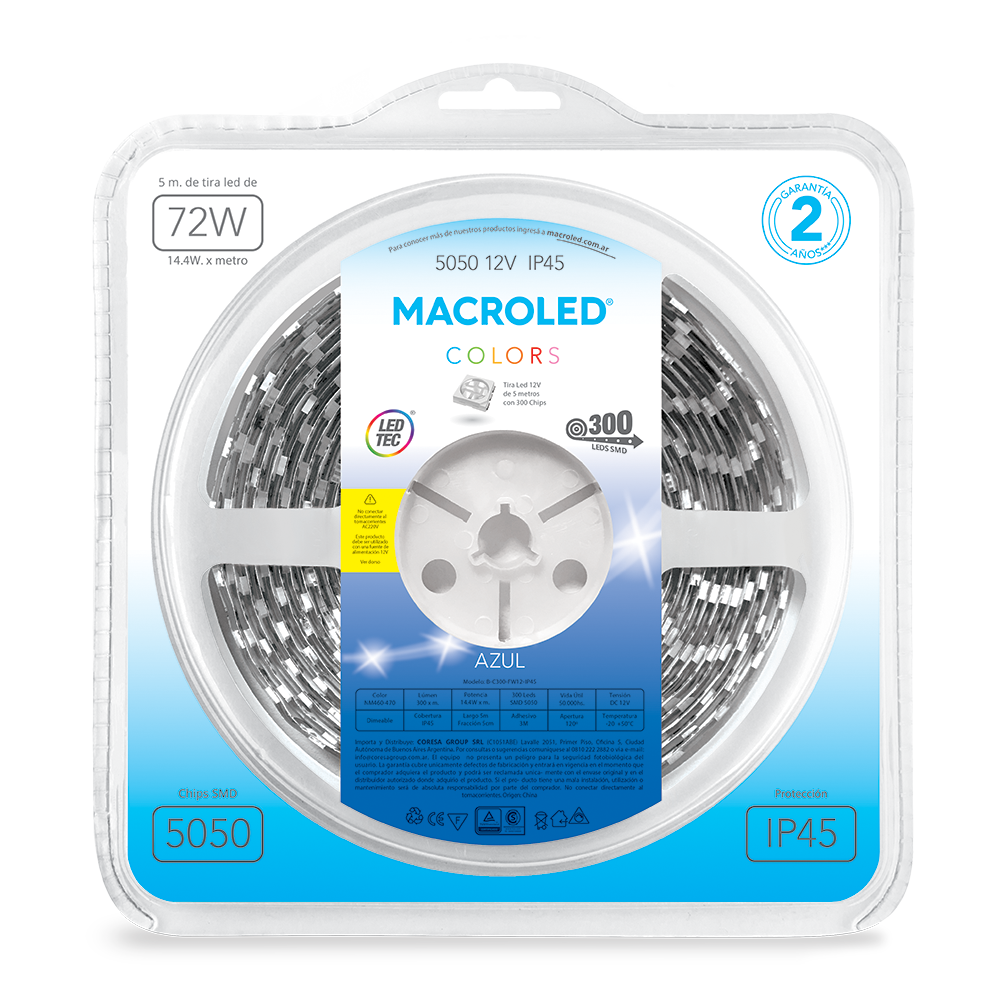 TIRA 5050 MACROLED AZUL IP45 - DC12V - 14,4W - 60 LED X 5 MTS