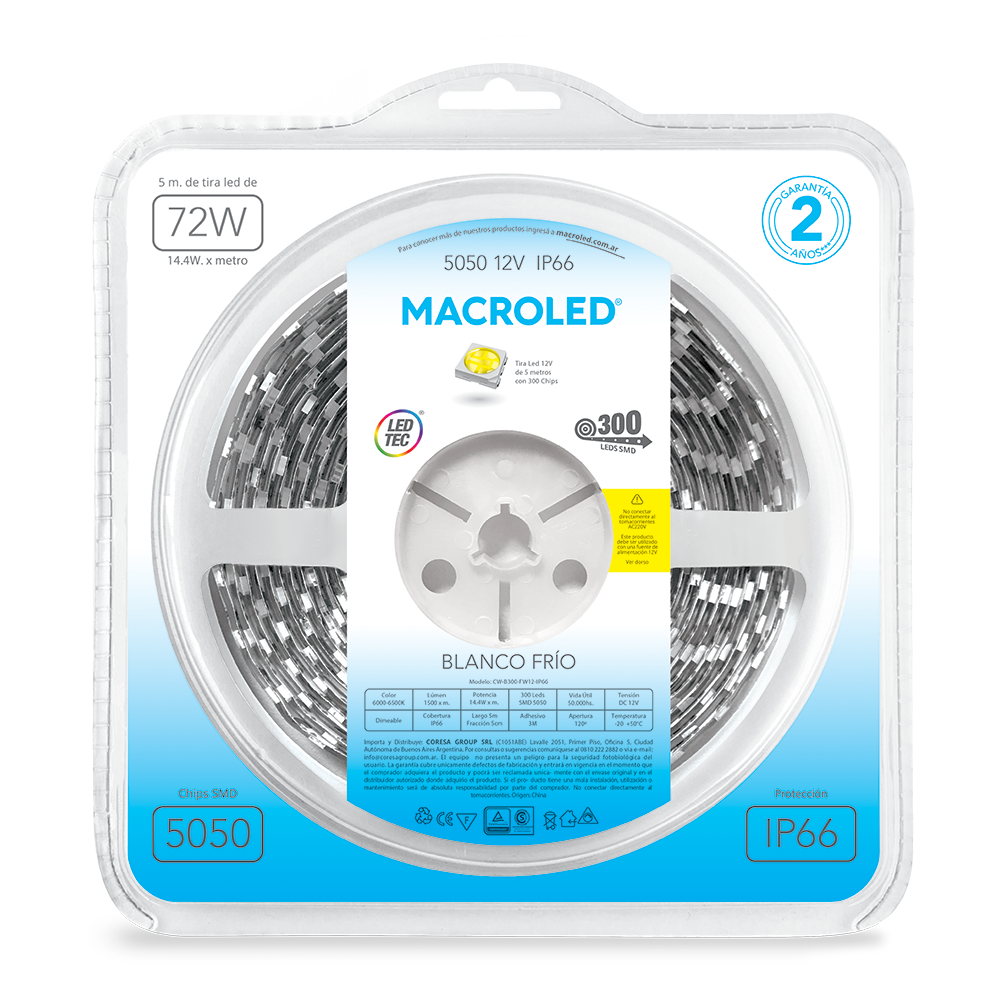 Tira 5050 IP66 dc12v 14,4W 5Mts Macroled blanco
