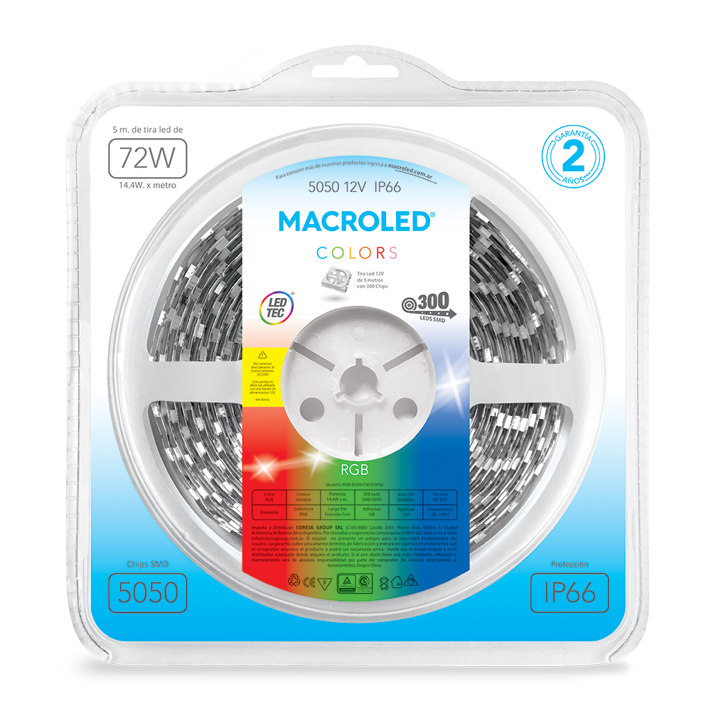 Tira 5050 IP66 DC12V 14,4W 5MTS Macroled RGB