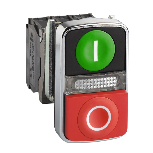 [SCHXB4BW73731M5] Pulsador Doble Verde Rasante/Rojo Saliente, luminoso, metálico, 1NA+1NC, led 230VAC