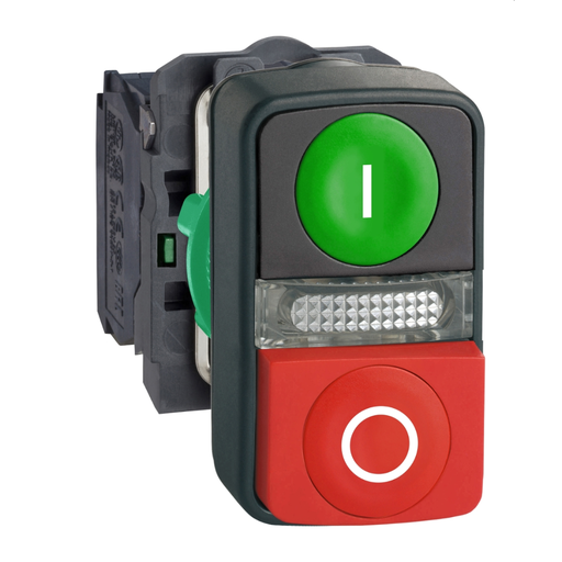 [SCHXB5AW73731M5] Pulsador Doble Verde Rasante/Rojo Saliente, luminoso, plástico, 1NA+1NC, led 230VAC