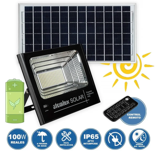 [ATOProyector Solar 100WLed] Luz  Solar inalámbrica  100WLed - Recargable - Batería de Litio incorporada - Apto   intemperie IP65 - Direccionable - Control Remoto Incluido - Encendido, Modo  automático / brillo ajustable / temporizador automático durante 1 a 8 Horas  -  Display indicador de nivel de batería.
