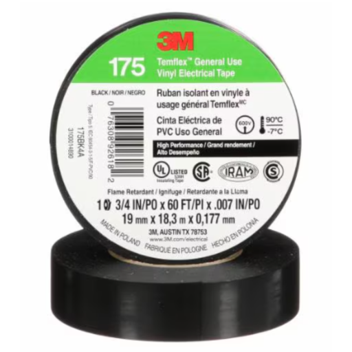 [MMM66069] Cinta Aisladora de Vinilo 3M™ Temflex™ 175, Negra, 19 mm x 9.14 m