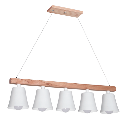 [CARA26 5LBL] COLGANTE EN MADERA PARAÍSO Y CAMPANA DE METAL EN BLANCA E27 DIAMETRO DE LA CAMPANA 14 CM ALTO TOTAL 1MT REGULABLE CON TANZA LARGO DE LA MADERA 80 CM