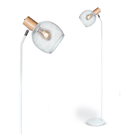 [DABOSAKA-PB] Lampara pie chapa y madera; cabezal rejilla blanco para E27