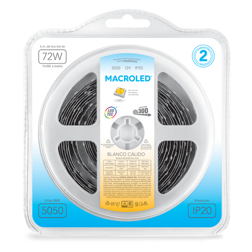 [CORWW-B300-FW12-IP20] Tira 5050 IP20 DC12V 14,4W 5MTS Macroled calido