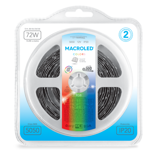 [CORRGB-B300-FW12-IP20] Tira 5050 IP20 DC12V 14,4W 5MTS Macroled RGB