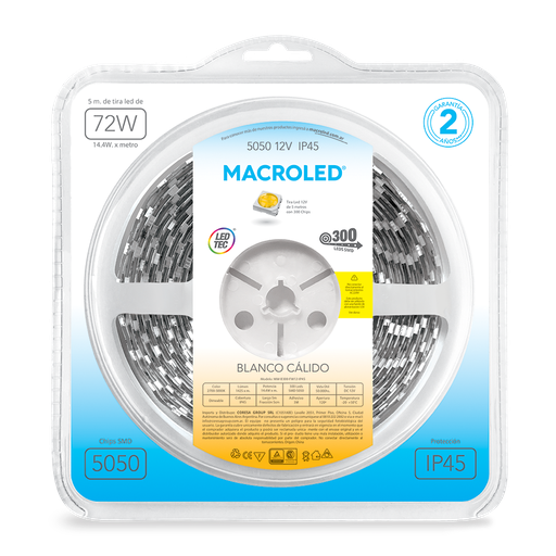 [CORWW-B300-FW12-IP45] TIRA 5050 MACROLED BCO CALIDO IP45 - DC12V - 14,4W - 60 LED X 5 MTS