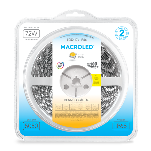 [CORWW-B300-FW12-IP66] Tira 5050 IP66 DC12V 14,4W 5MTS Macroled calido